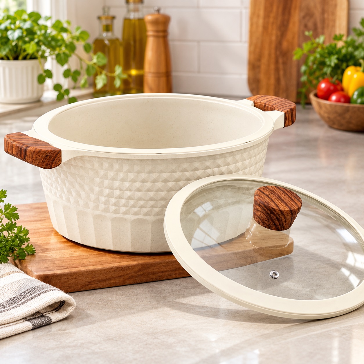 Ceramic-Coated Casserole with Glass Lid and Silicone Rim - 24 cm