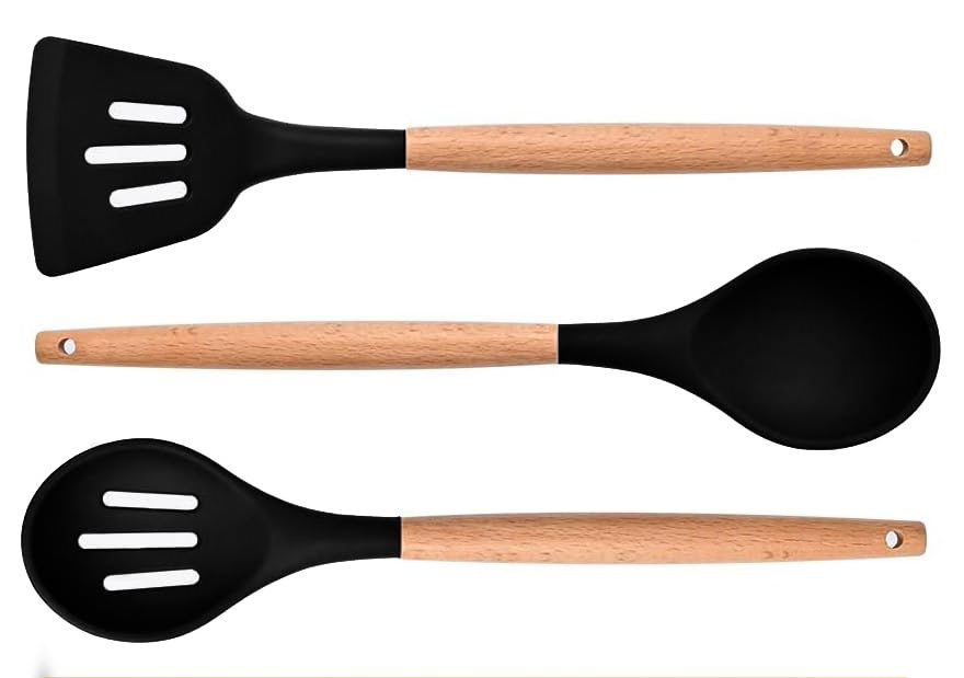 Silicone Cooking Spoons with Wooden Handle