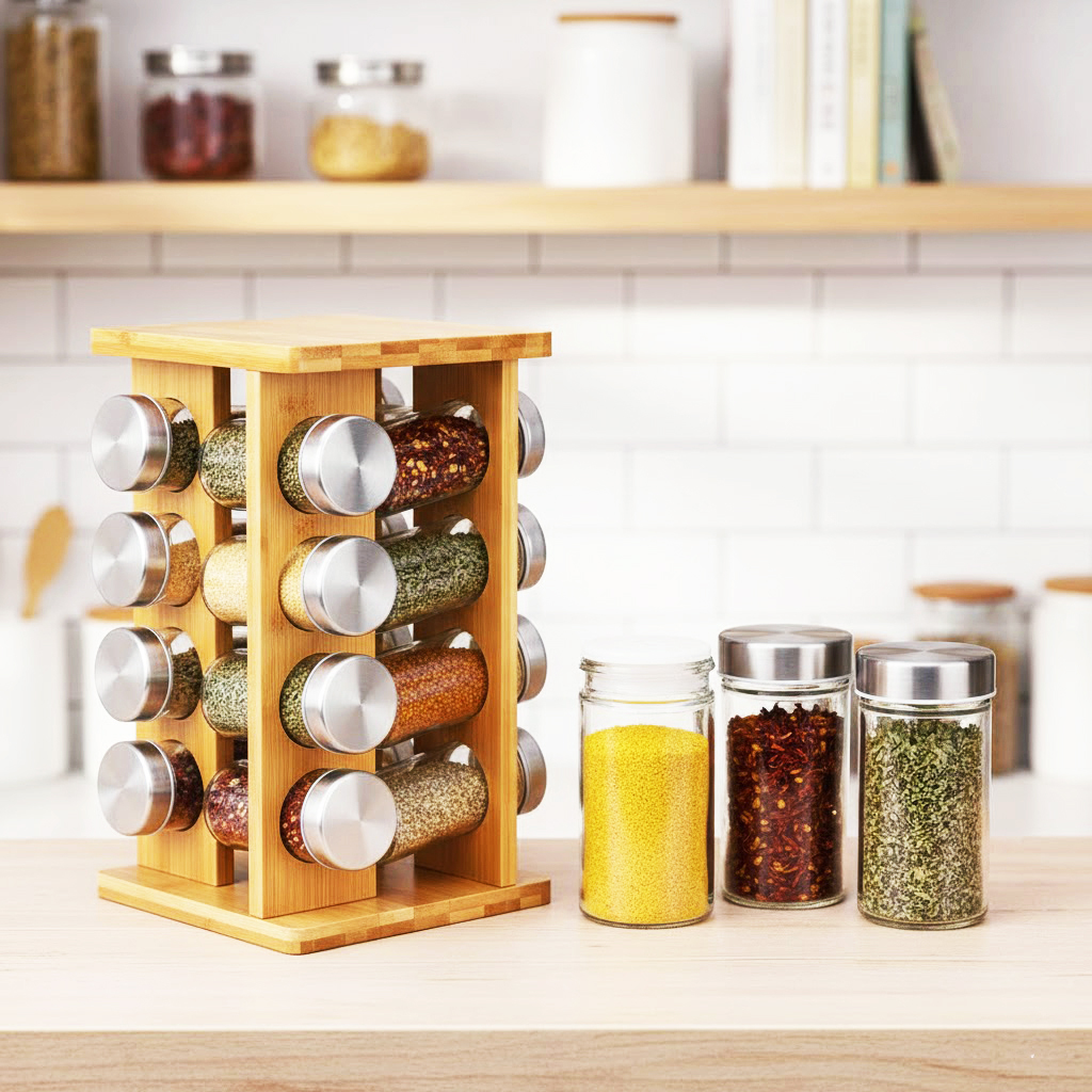 16-piece glass Jar Revolving Spice Storage Rack - Wooden/Square