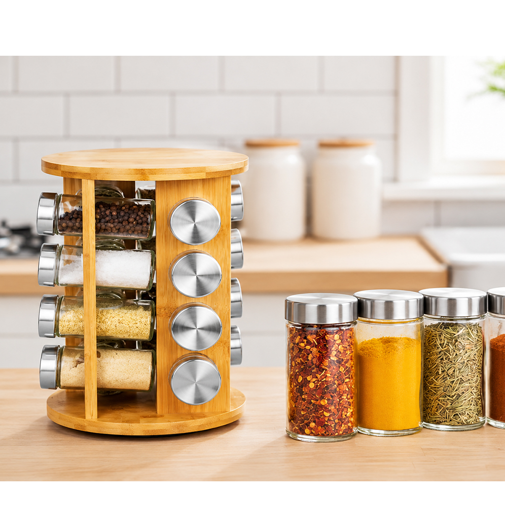 16-piece glass Jar Revolving Spice Storage Rack - Wooden/Round