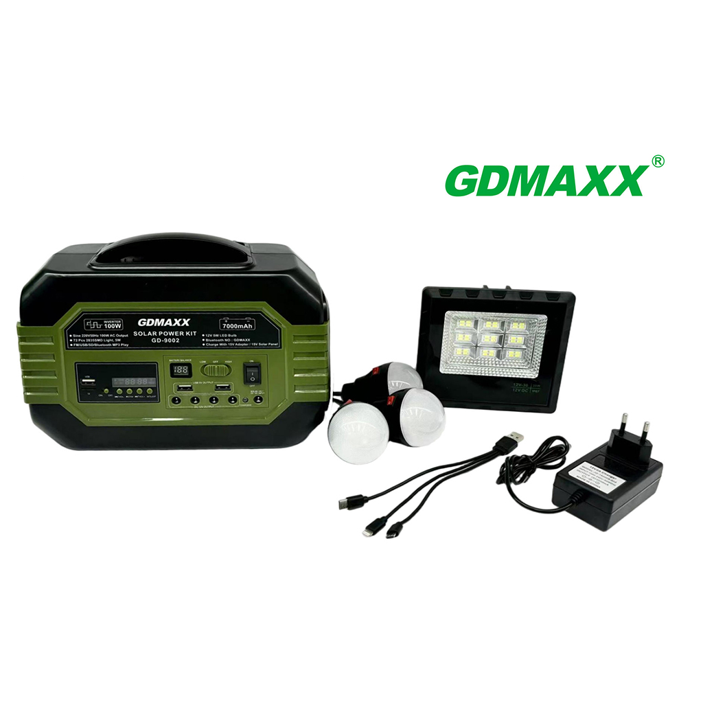 Solar Charging Portable Power supply inverter/ Power Unit - 100W 7000mAh, with energy storage + solar charging + power outlet + lighting + FM Radio speaker, TF card reader, and Bluetooth functions.